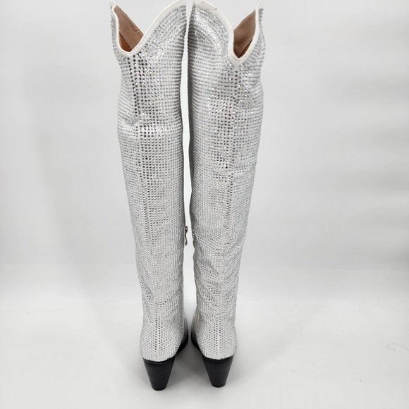 AZALEA WANG Nash Crystal Knee High Cowboy Boots White 6-10 NWT - Picture 9 of 12